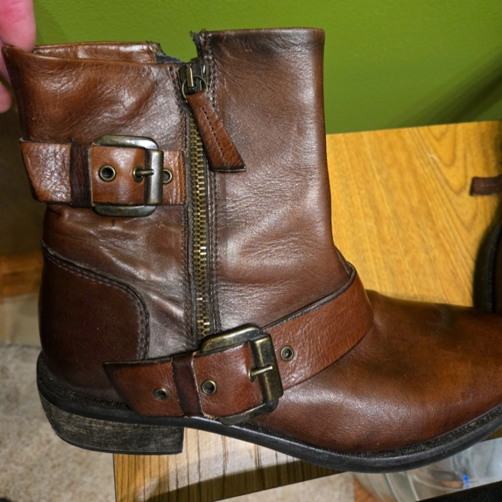 Brown Leather Buckle Ankle Boots